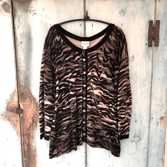 Animal print sweater in black, brown, & tan adorned with beads & rhinest… - Picture 6 of 12